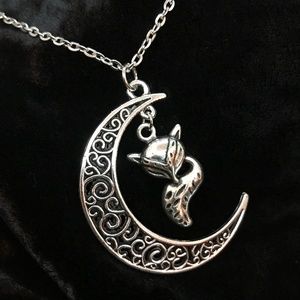 Enchanting & Ornate Silver Fox in Moon Pendant